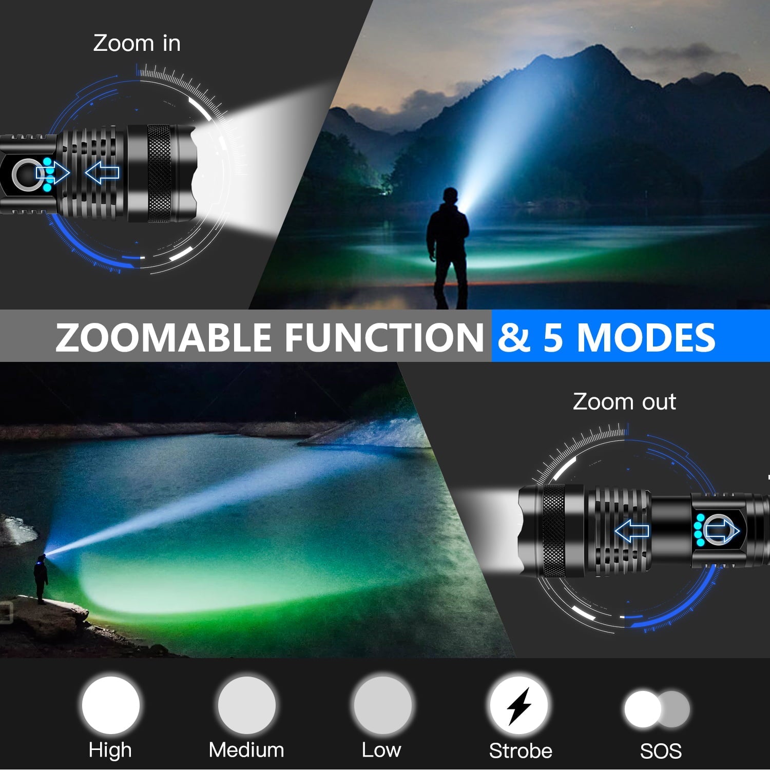 Zacro Rechargeable LED Flashlight, 90000 High Lumens Powerful Super Bright Tactical Flashlight Zoomable Torch for Emergencies, Home, Camping