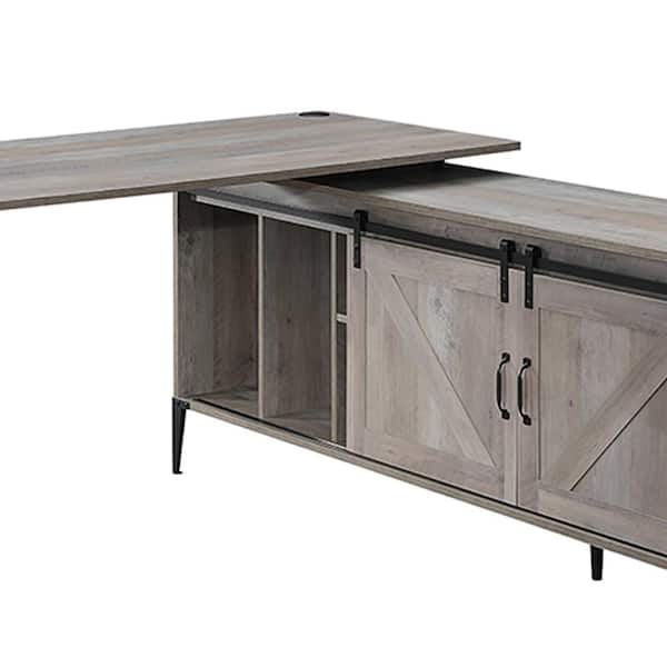 Zakwani 65 in. L-Shaped Gray Oak and Black Finish Wood Writing Desk with Shelves