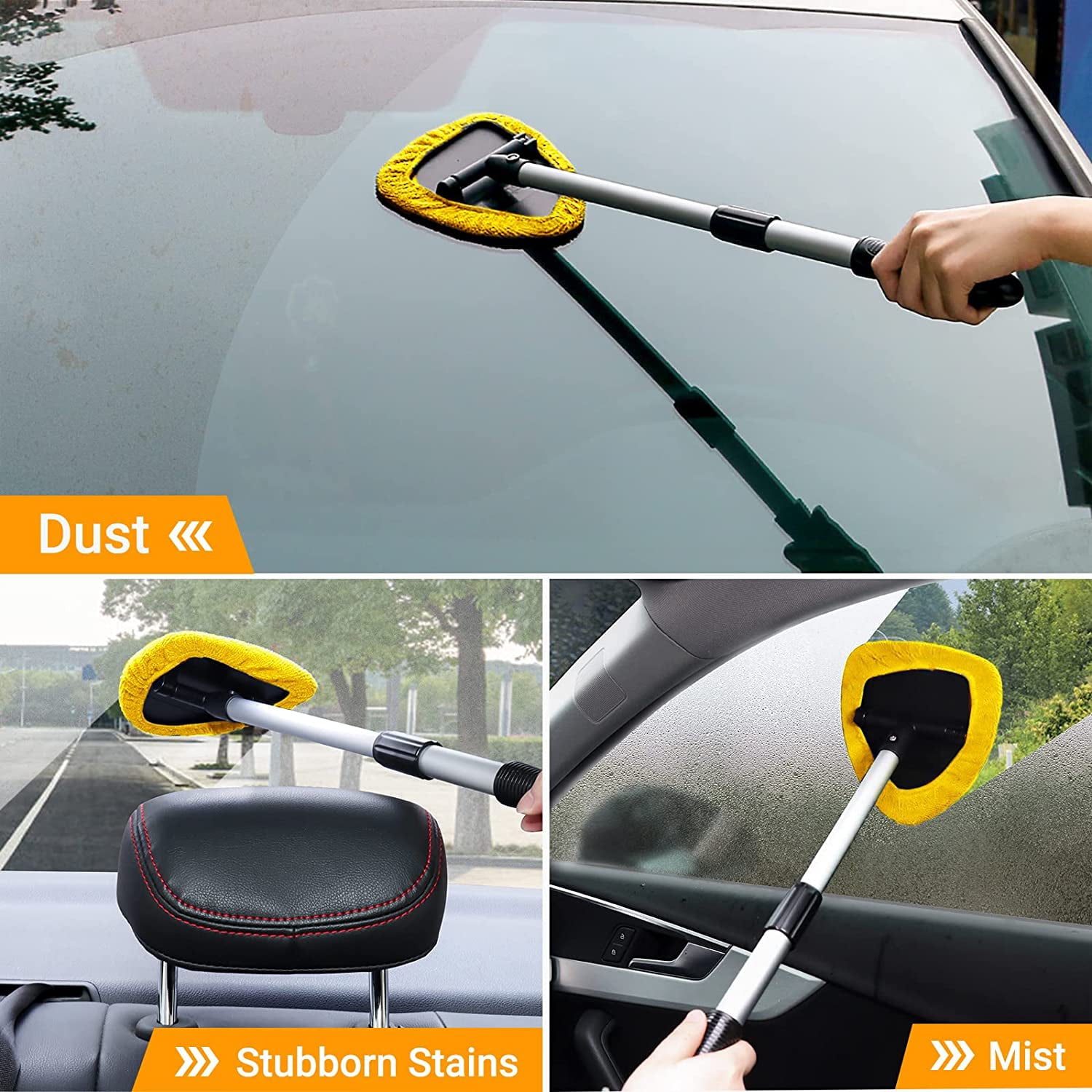 AstroAI, Car Window Cleaner, Microfiber Car Windshield Cleaning Tool with Extendable Handle and Washable Reusable Cloth Pad Head Auto Interior Exterior Glass Wiper Kits, Yellow