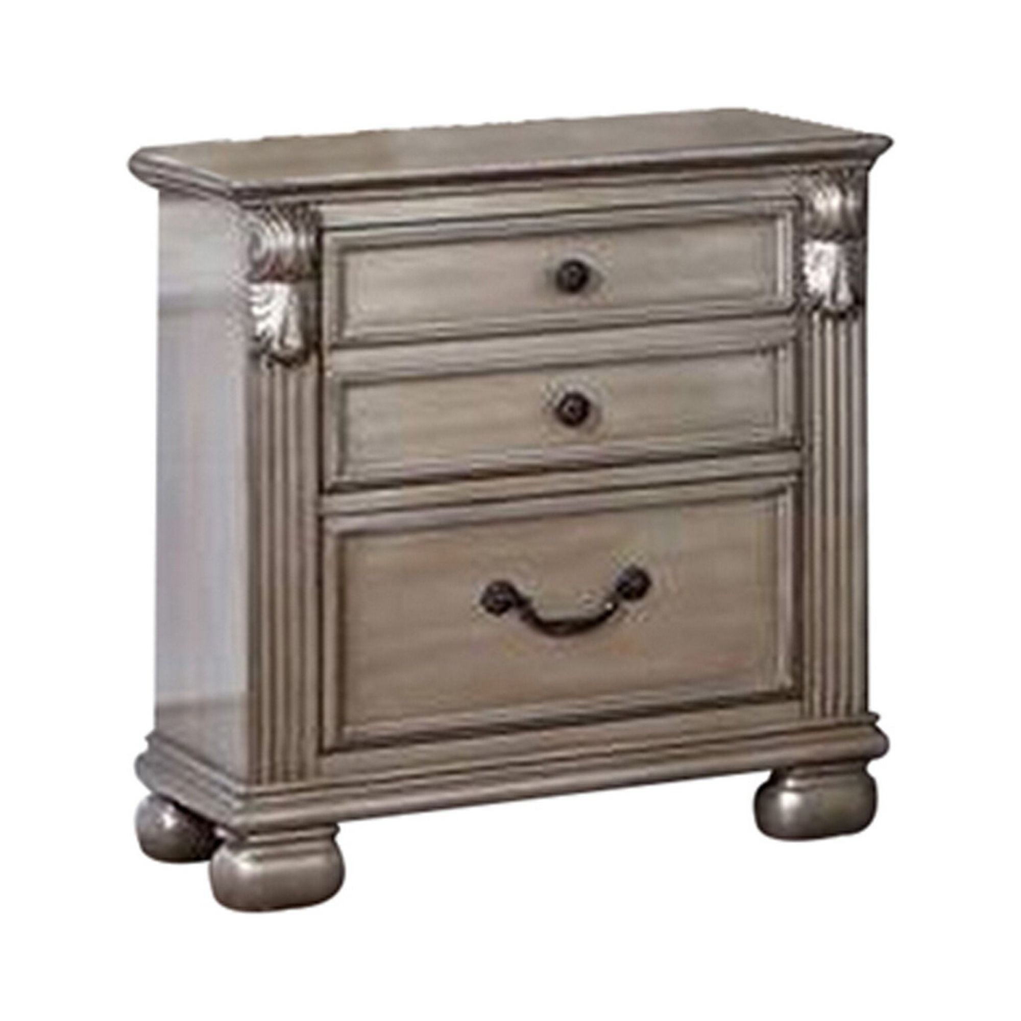 Aza 28 Inch Classic 3 Drawer Nightstand, Metal Drop Handles, Champagne Gold