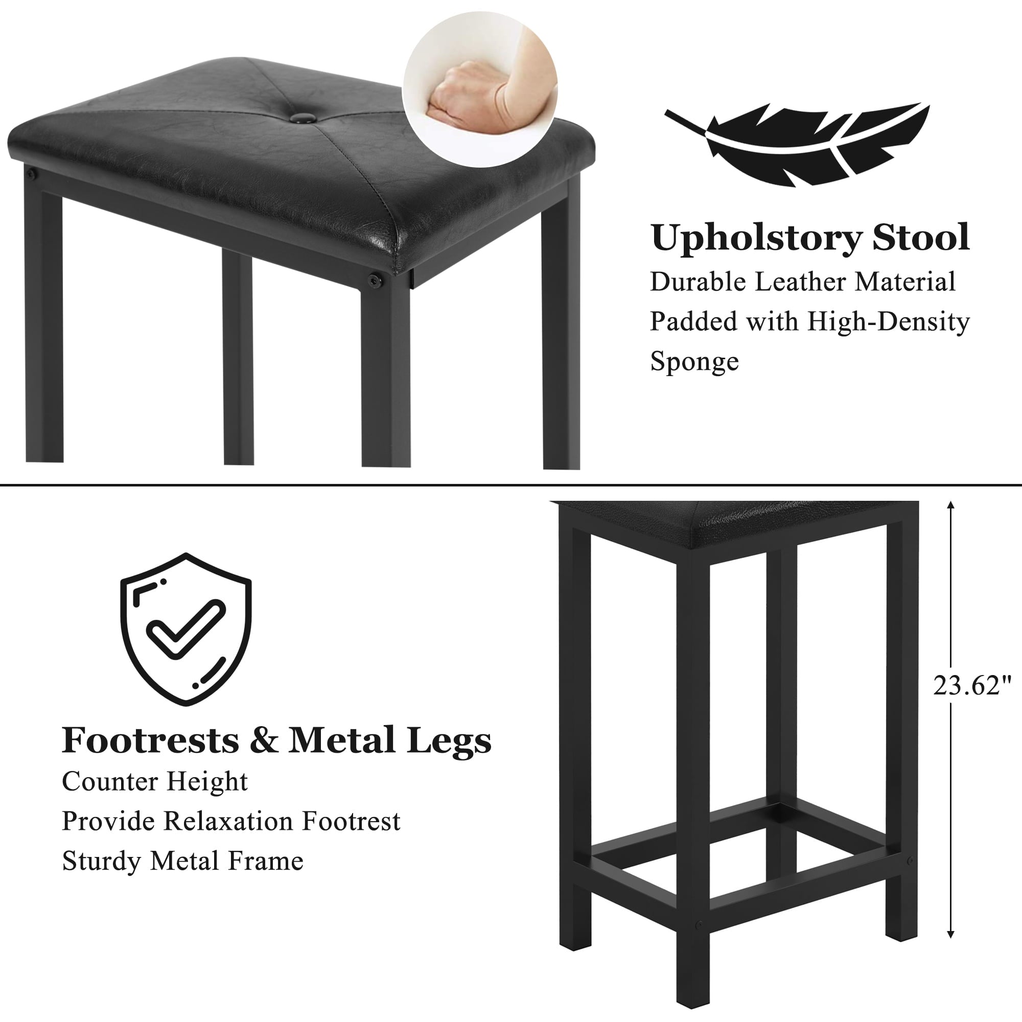 Counter Height Dining Set for 4, BTMWAY 5-Piece Bar Height Dining Room Table Sets, Faux Marble Dining Table and 4 Upholstered Chairs Set, Space Saving Metal Frame Breakfast Diner Table Set, Black