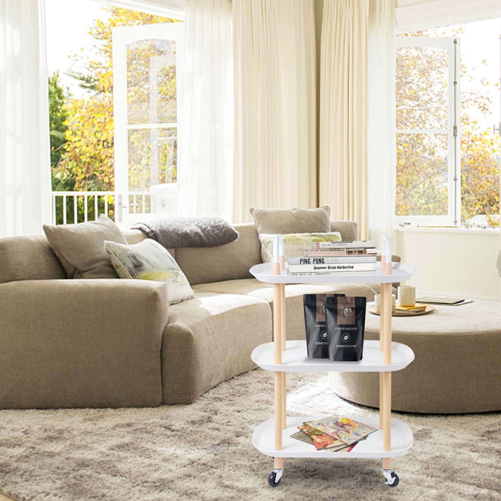 3 Tier Rolling Utility Cart Storage Organizer Service Cart with Handle and Locking Wheels for Home, Bathroom, Office, Kitchen, Coffee Bar, Microwave Cooking Station, White