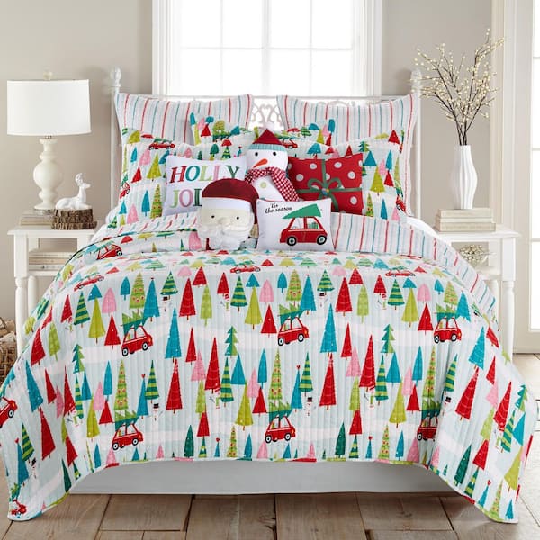 Merry and Bright Holly Jolly Multi-Color Christmas Trees Reversing to Stripes King/Cal King Microfiber Quilt