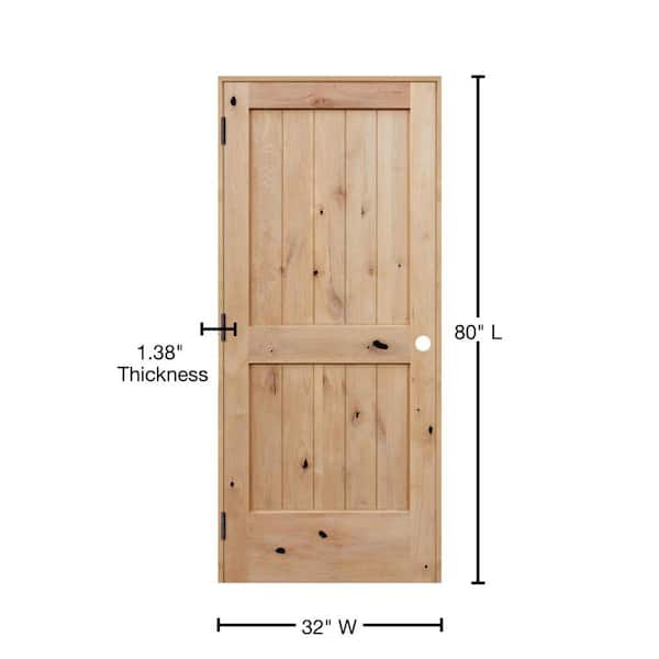 32 in. x 80 in. Rustic Unfinished 2-Panel V-Groove Solid Core Knotty Alder Wood Reversible Single Prehung Interior Door