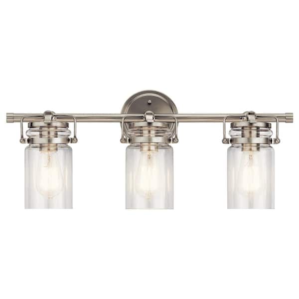 Brinley 24 in. 3-Light Brushed Nickel Vintage Bathroom Vanity Light with Clear Glass
