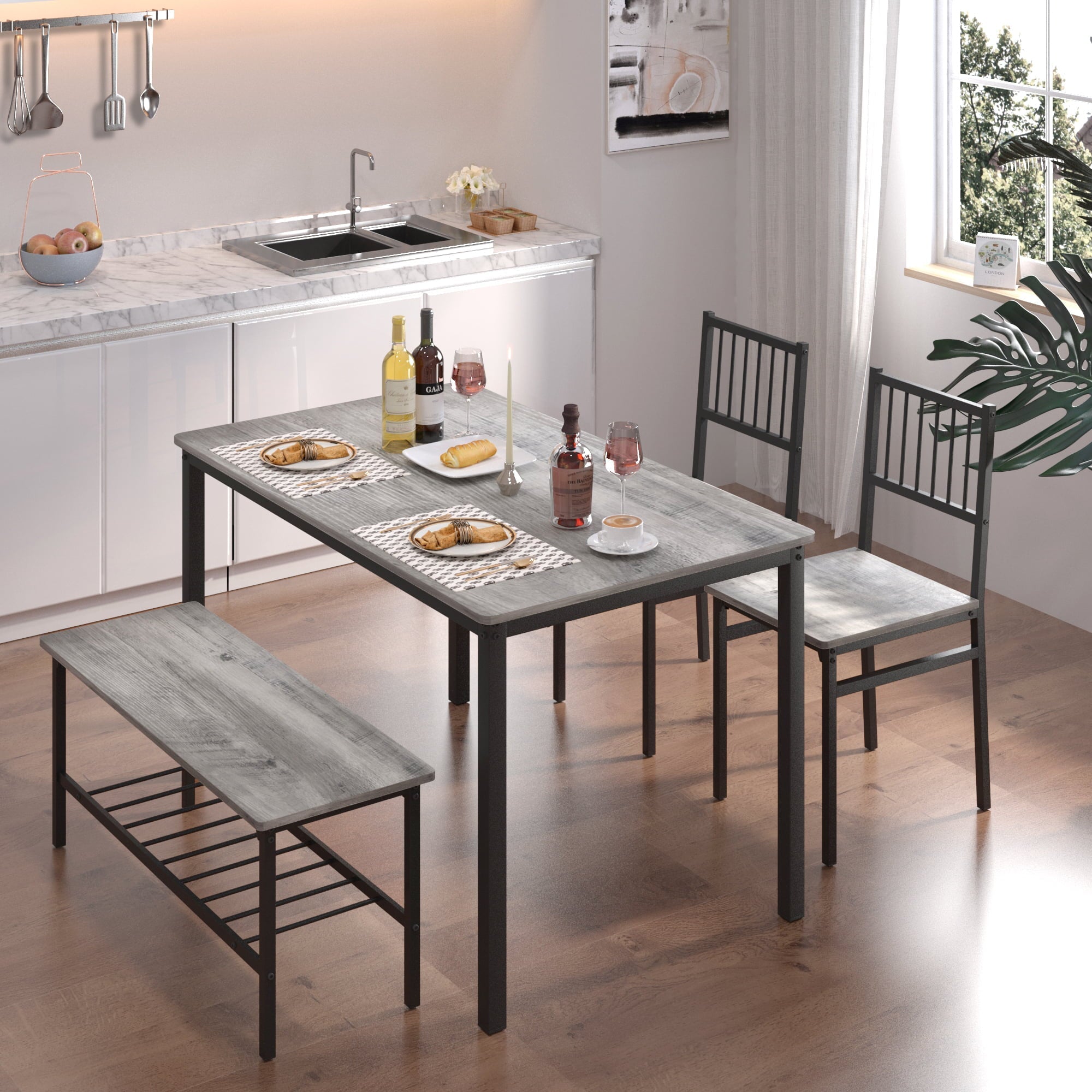 Dining Table Set, 4 Piece Dining Room Table Set for Small Spaces, Kitchen Table with 2 Chairs and a Long Bench, Space-Saving Table Set for Kitchen, Dining Room, Restaurant - Easy to Assemble