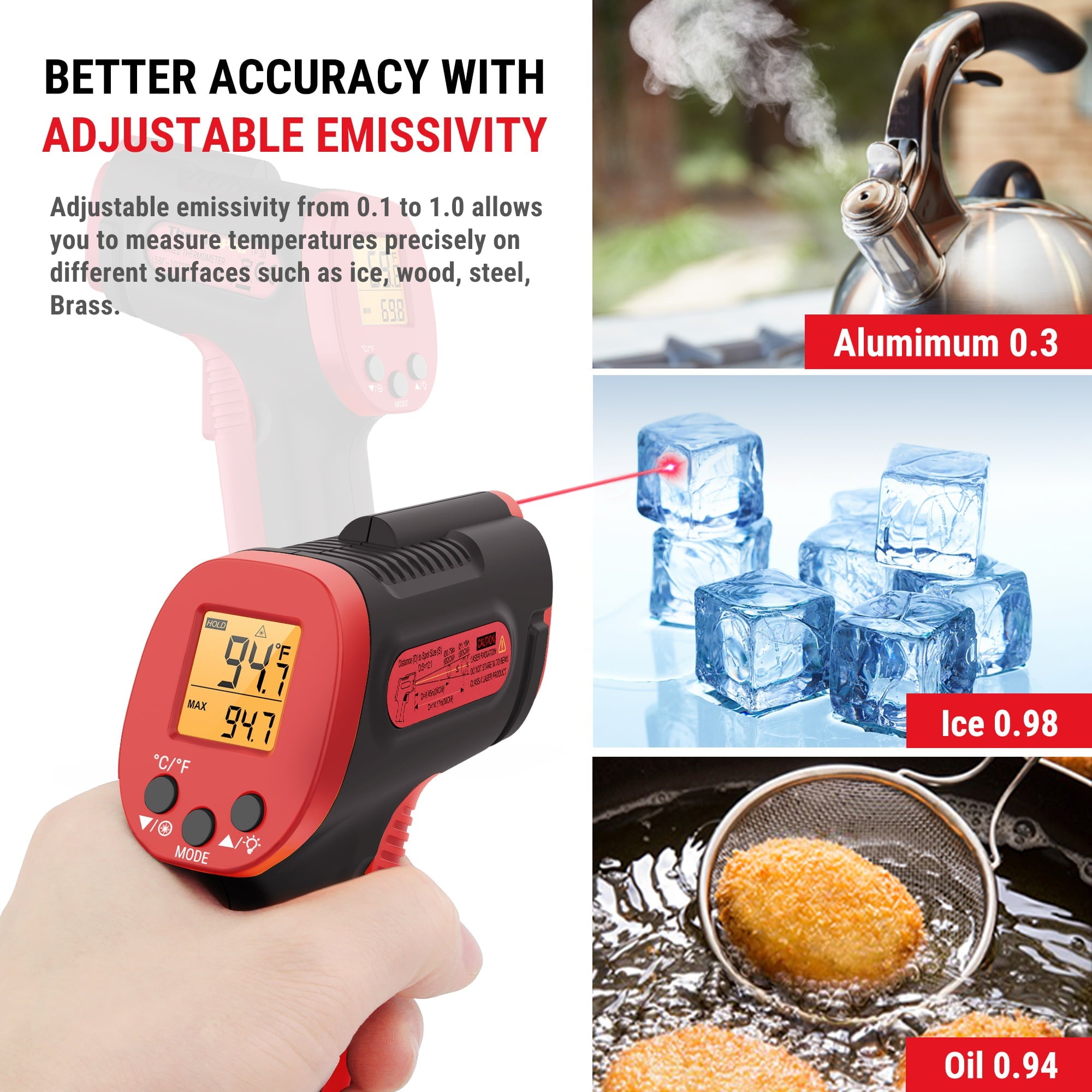 ThermoPro TP30W Digital Infrared Thermometer Gun Non Contact Laser Temperature Gun -58°F ~1022°F with Adjustable Emissivity & Max Measure