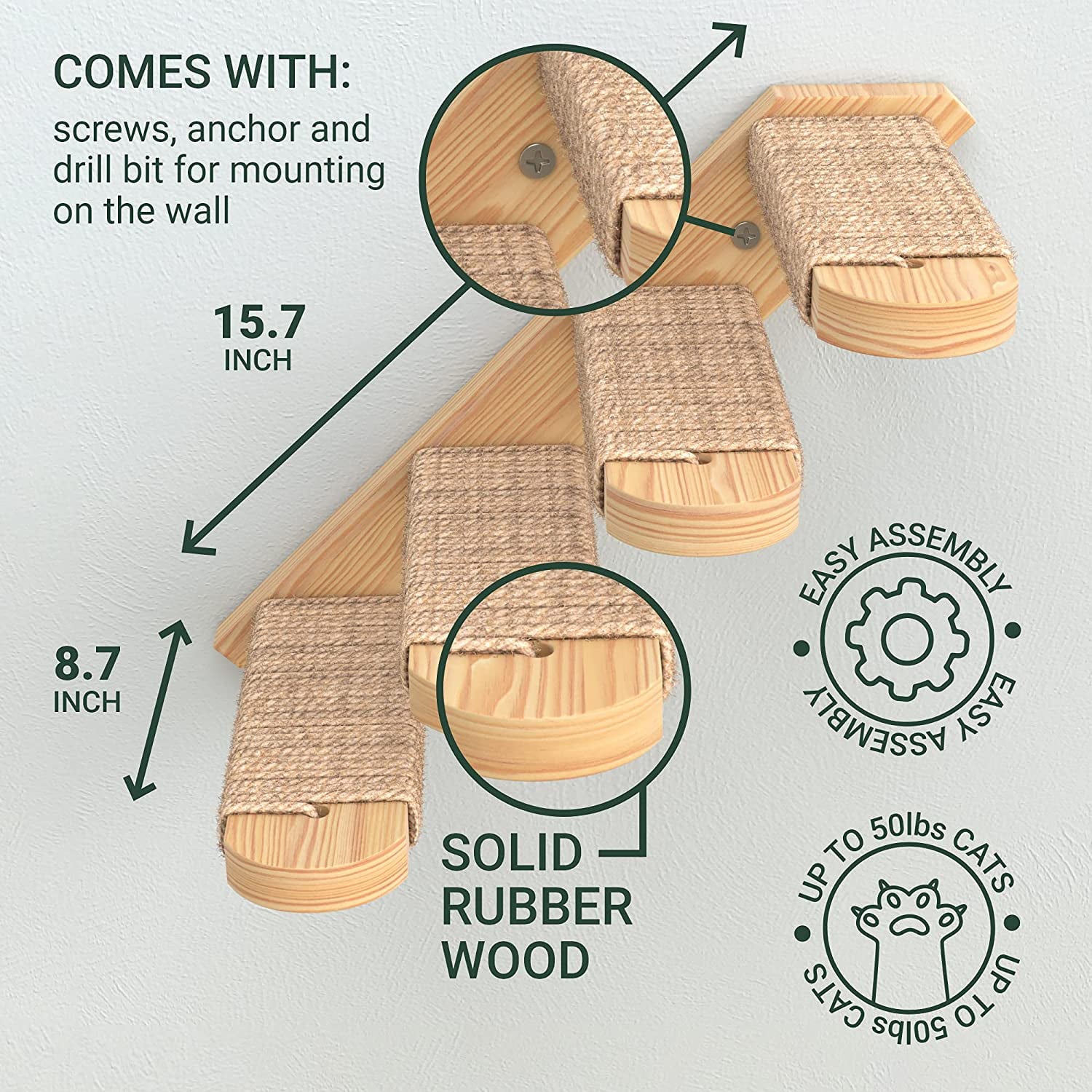 Skywin Cat Steps - Solid Rubber Wood Cat Stairs Great for Scratching and Climbing - Easy to Install Wall Mounted Cat Shelves for Playful Cats (Left Facing)
