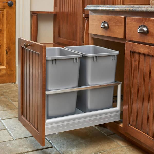 Double 35 Qt. Pull-Out Brushed Aluminum and Silver Waste Container with Rev-A-Motion