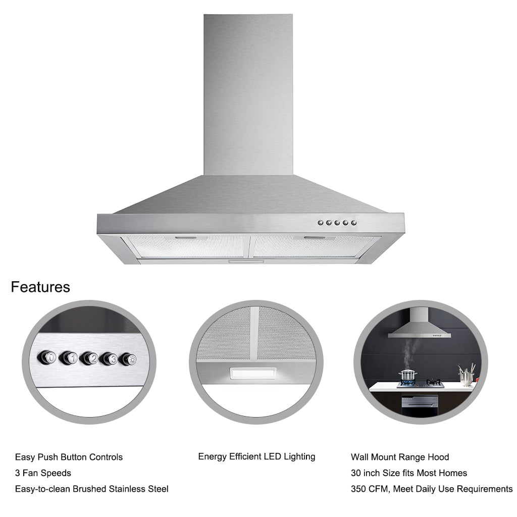 Wall Mount Range hood 30 inch Stainless Steel Stove Vent Hood with 3 Speed Kitchen Exhaust Fan