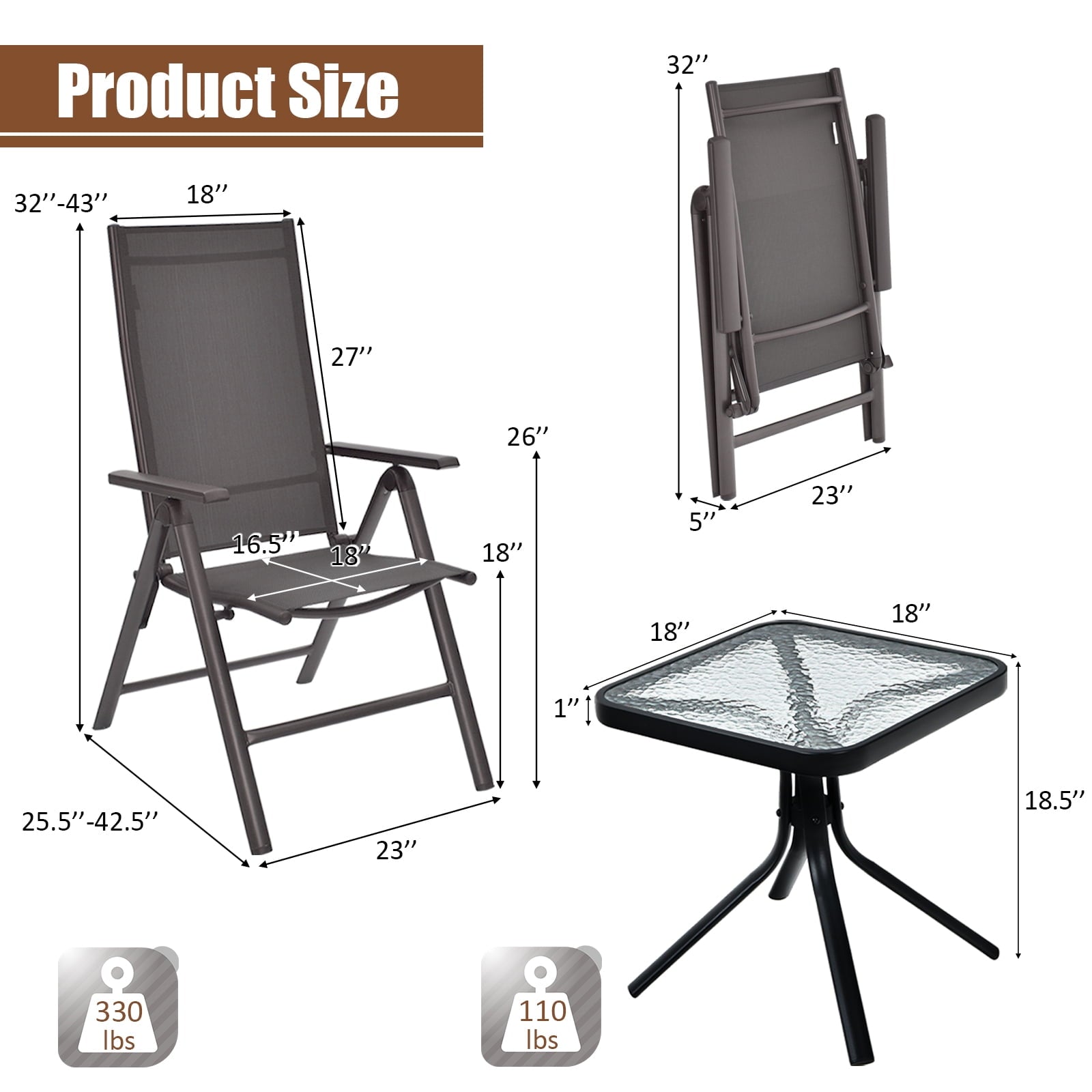 Costway 3PCS Bistro Set Folding Adjustable Chairs Square Glass Table Garden