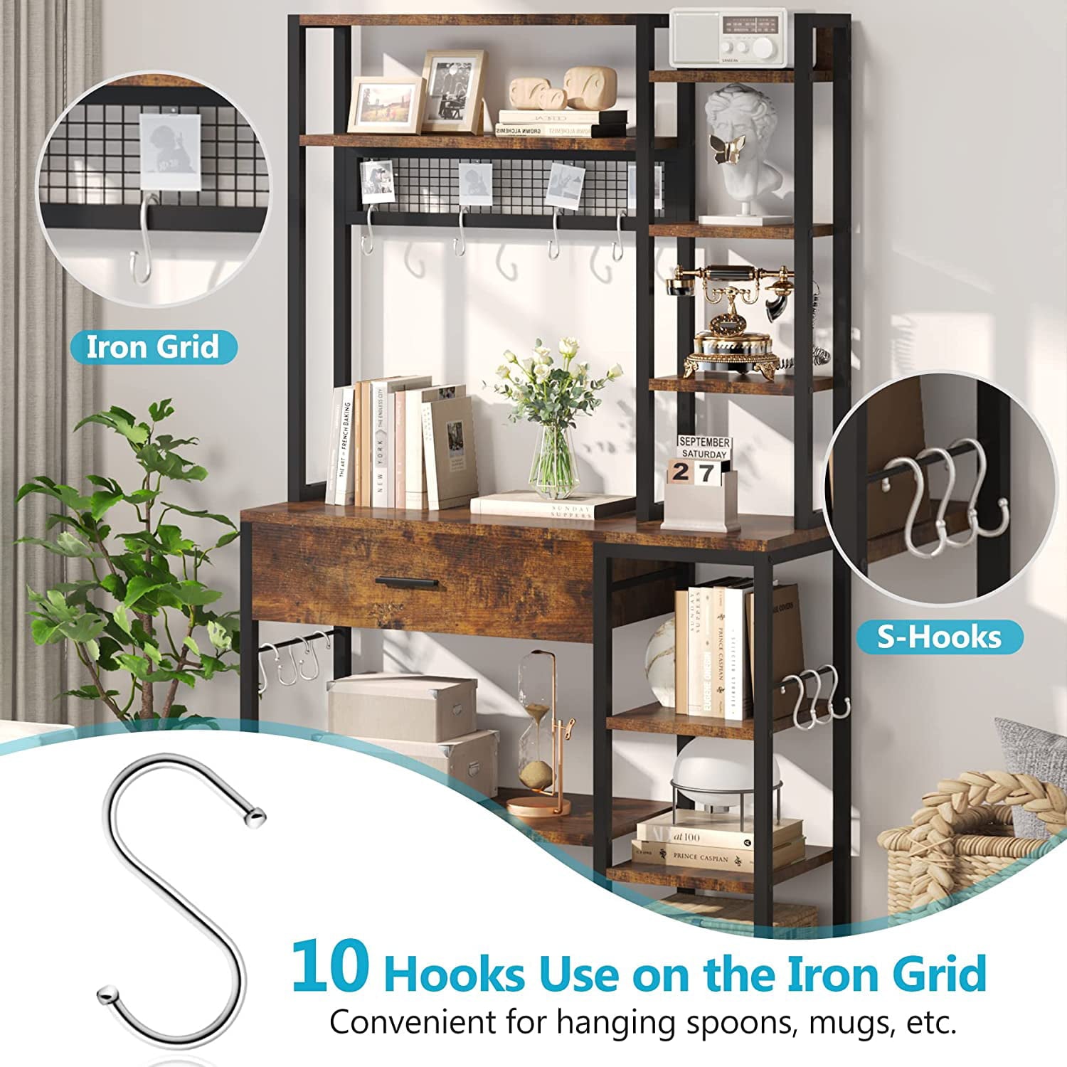 Tribesigns 70.9 inch Baker's Rack with Drawer, Wood 5-Tier+6-Tier Kitchen Shelf Rack, Brown