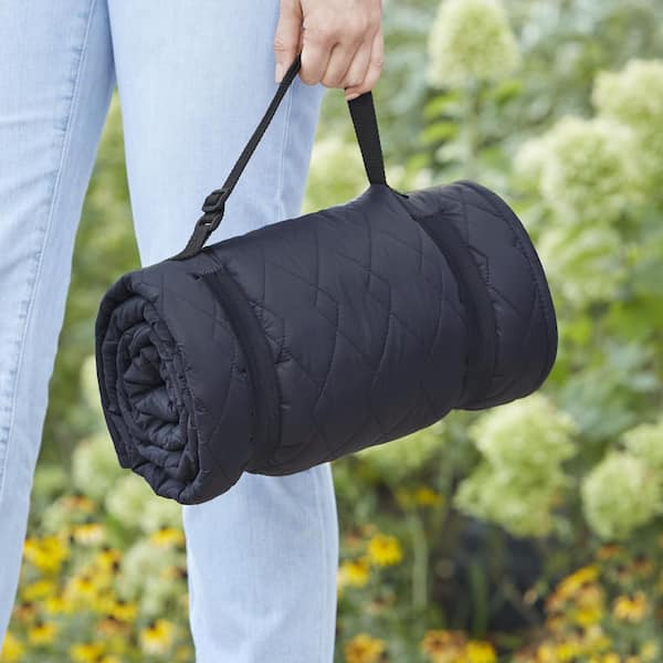 Packable Navy and Khaki Plaid Fleece Outdoor Throw Blanket