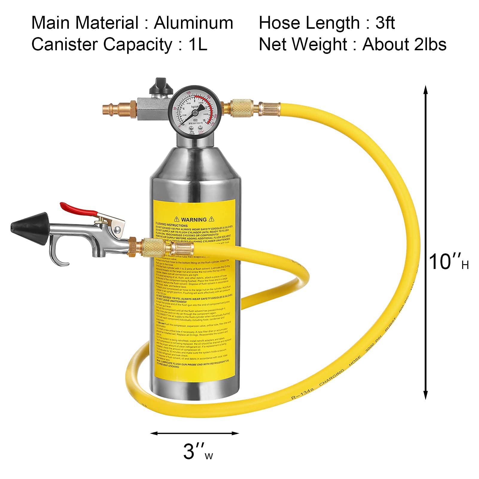 Furvclv AC Flush Kit, Car Air Conditioner System Clean Canister Flushing Tool Set Air Conditioning Pipe Cleaning Bottle for Auto R12 R22 R134A R404 R410A with 220PSI Gauge, Air Plug Fittings and Hose