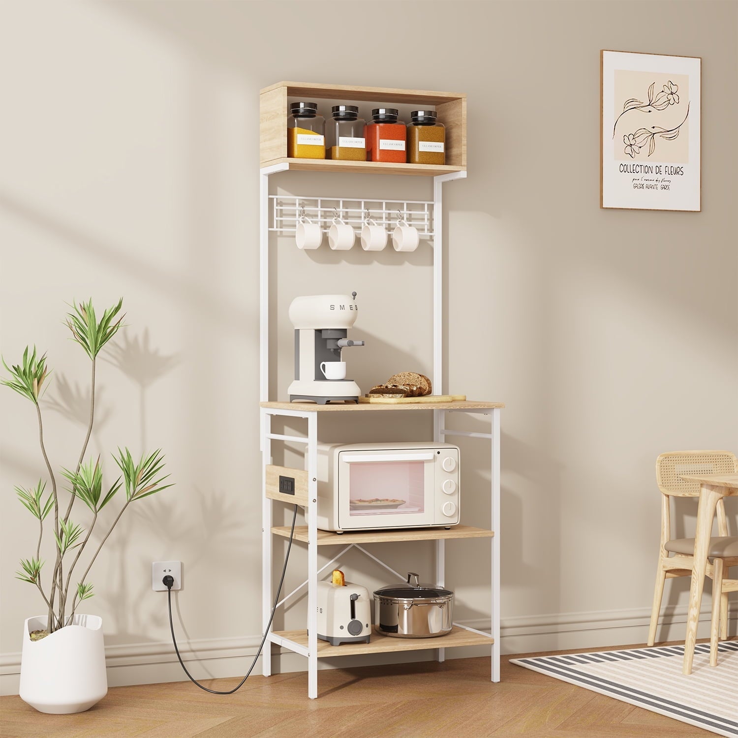 5 Tier Microwave Pantry Cart，Behost Baker Rack for Kitchen Cabinet Coffee Bar with Storage and Power Outlet, White