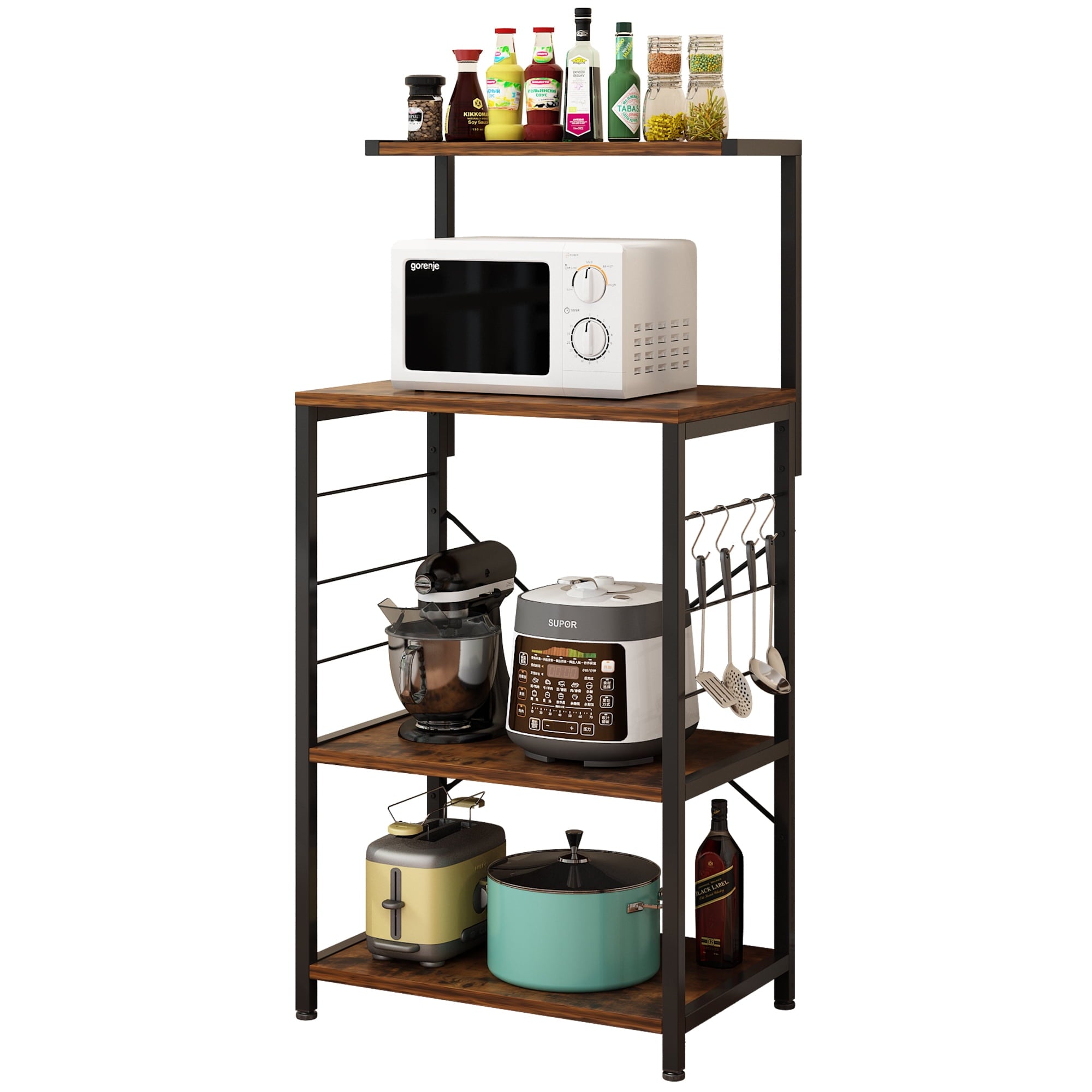 Winado Metal Kitchen Baker's Rack, Microwave Oven Stand, Kitchen Utility Cart Storage Shelf Organizer with 5 Side Hooks, Rustic, Brown/Black