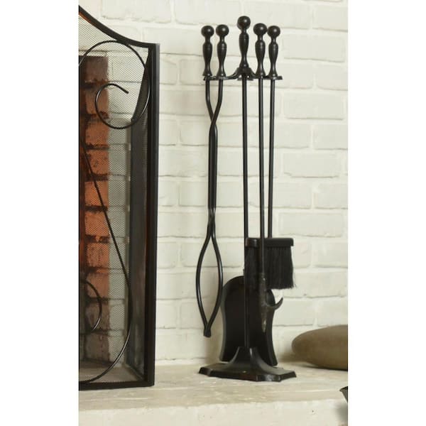 5-Piece Heavy-Duty Cast Iron Fireplace Tool Set in Black with Ergonomically Designed Handles