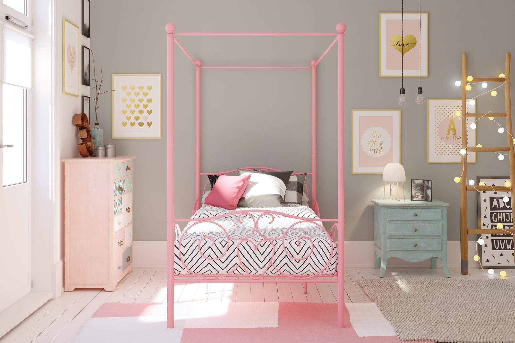 DHP Canopy Metal Bed, Twin, Pink