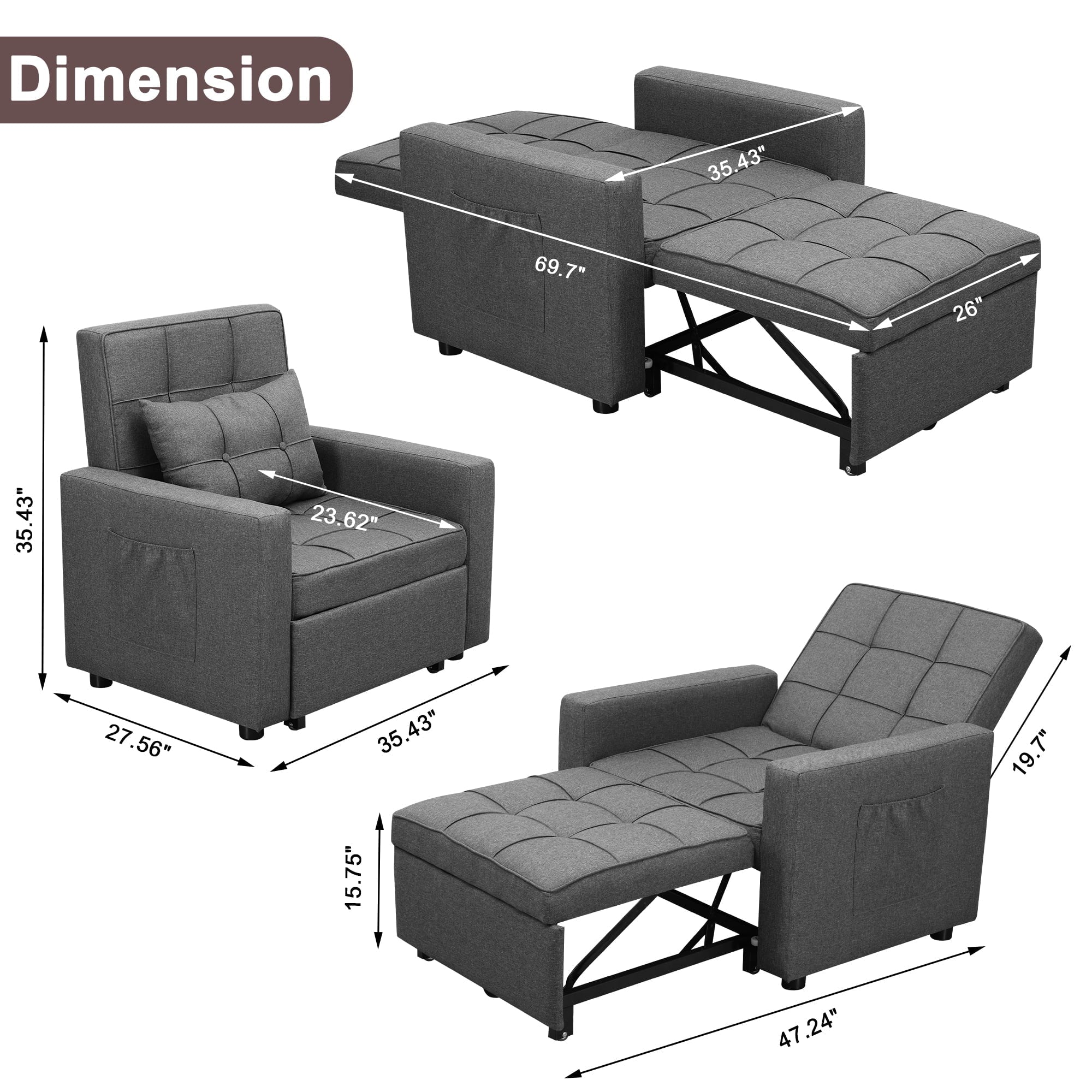 Tolead 3-in-1 Convertible Sofa Bed Sleeper Chair with Adjustable Backrest, Gray