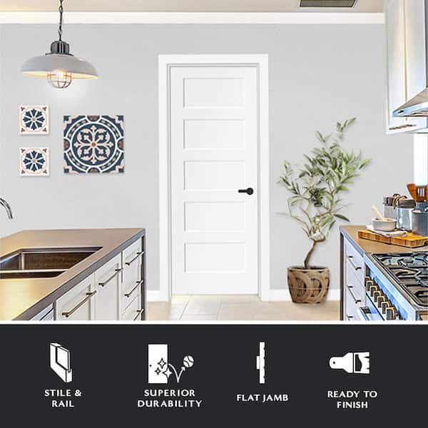 36 in. x 80 in. 5-Panel Shaker White Primed Left Hand Solid Core Wood Single Prehung Interior Door with Bronze Hinges