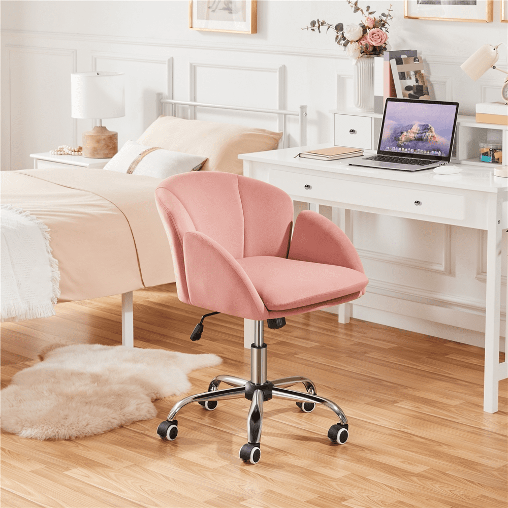 Yaheetech Modern Vanity Chair Swivel Rolling Chair with Armrests, Pink