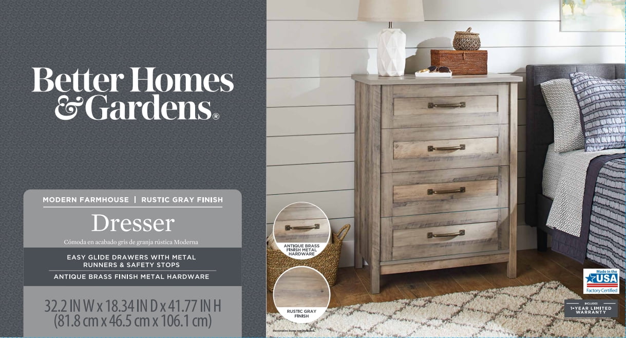 Better Homes & Gardens Modern Farmhouse 4-Drawer Chest, Rustic Gray Finish