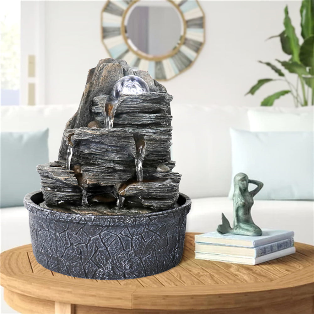 Indoor Water Fountain Tabletop with LED Light, Crystal Ball - 3 Step Zen Modern Portable Rock Waterfall Fountain for Office Desktop Decor