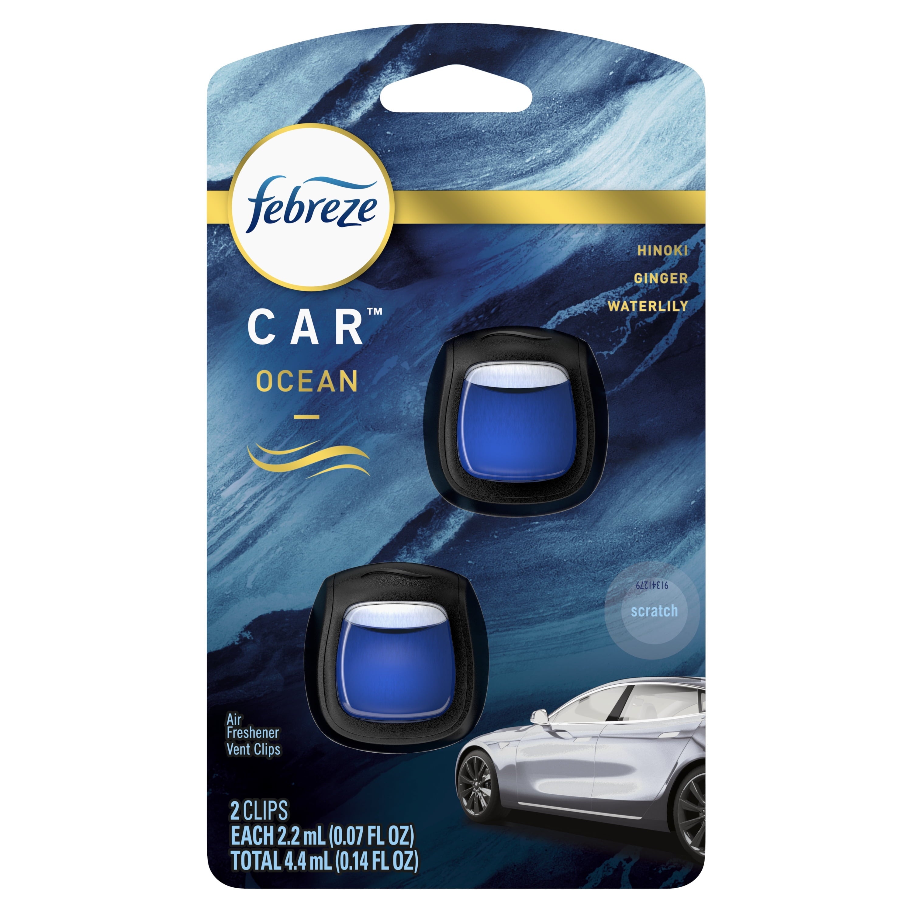 Febreze Car Ocean Scent Air Freshener Vent Clip, .07 oz. Car Vent Clip, Pack of 2