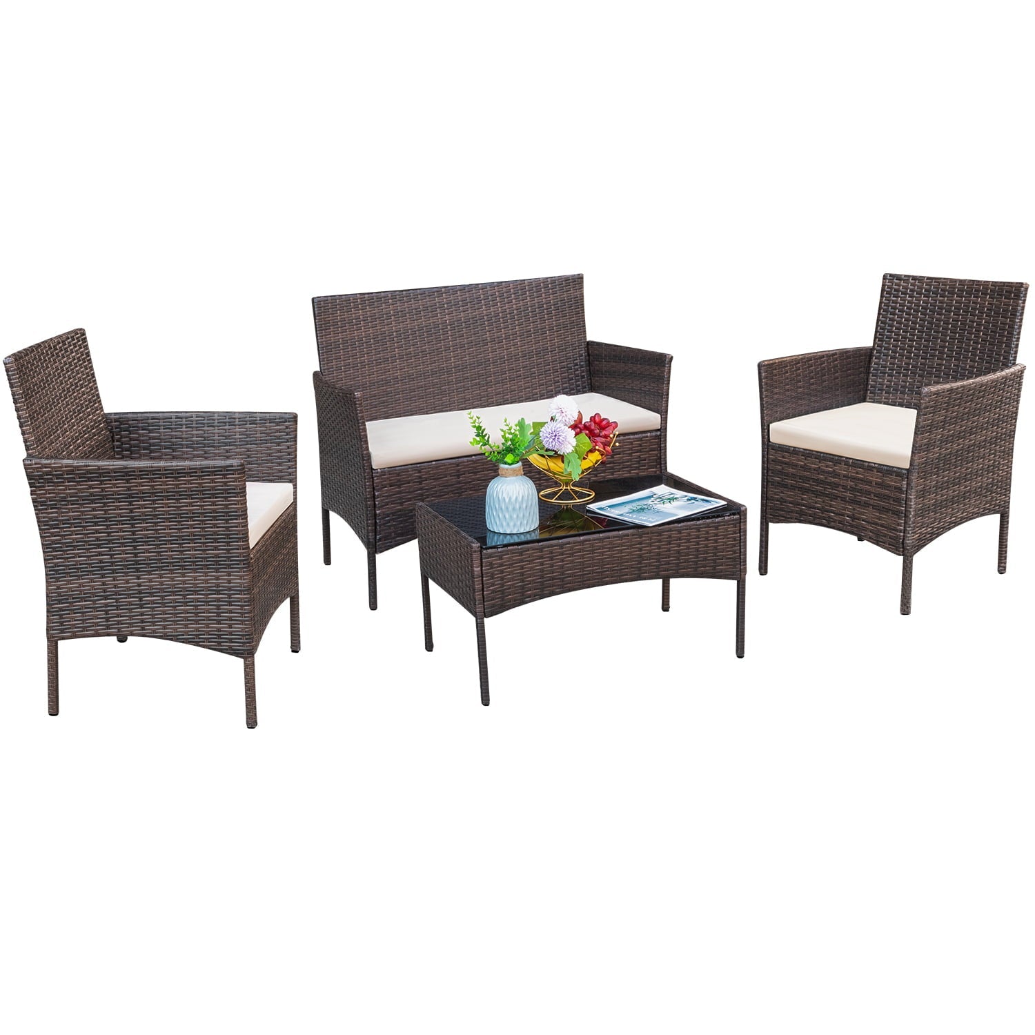Lacoo 4 - Piece Outdoor Patio Conversation Furniture Sets with Cushioned Tempered Glass, Conversation Sets, 4, Metal