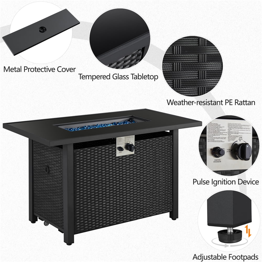 Topeakmart 43'' Propane Fire Pit Table with Tempered Glass Tabletop 50,000 BTU, Black