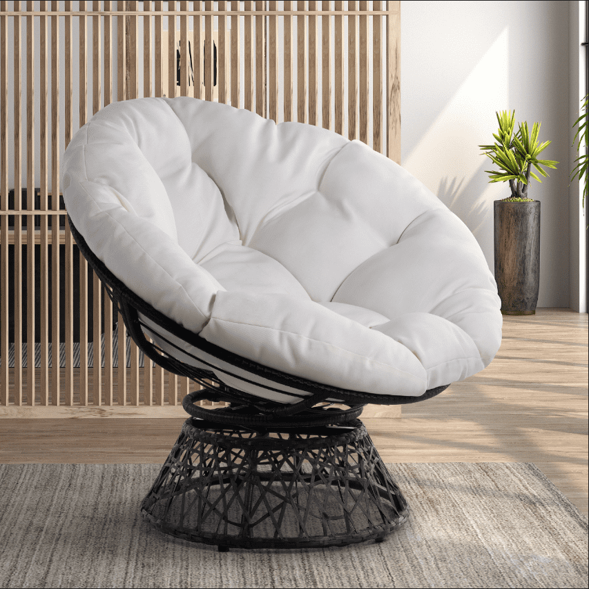 Aile 360 Swivel Comfy Papasan Chair with Fabric Cushion, Sturdy Metal Frame (Pure Pearl - White Frame)