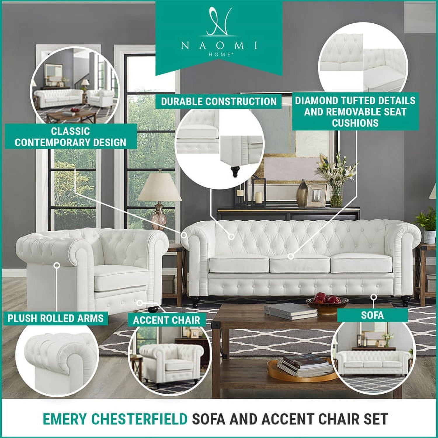 Naomi Home Emery Chesterfield Sofa & Accent Chair with Rolled Arms, Tufted Cushions, White
