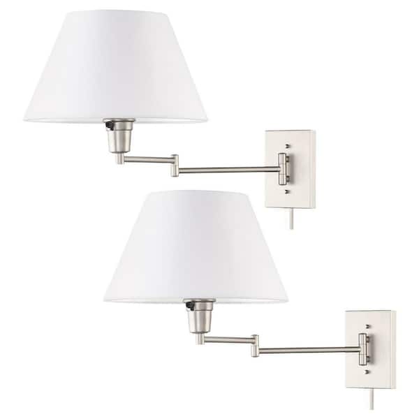 Cambridge 13 in. 150-Watt 1-Light Satin Nickel Swing Arm Wall Lamp with White Fabric Shade, 2-Pack