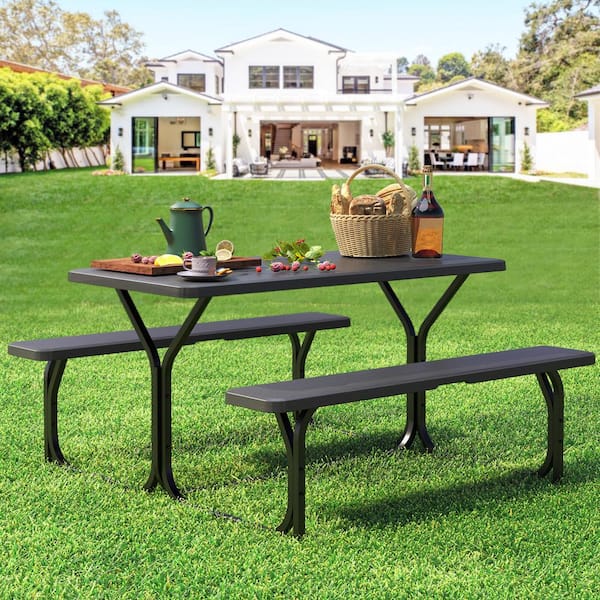 4.5 ft. Black Rectangular Steel Frame Outdoor Picnic Table Bench with Weather Resistant Resin Tabletop and Stable