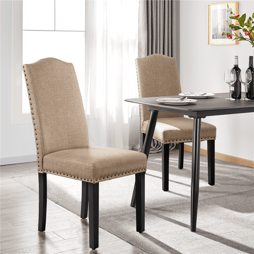 Easyfashion Set of 2 Classic Upholstered Dining Chair, Khaki