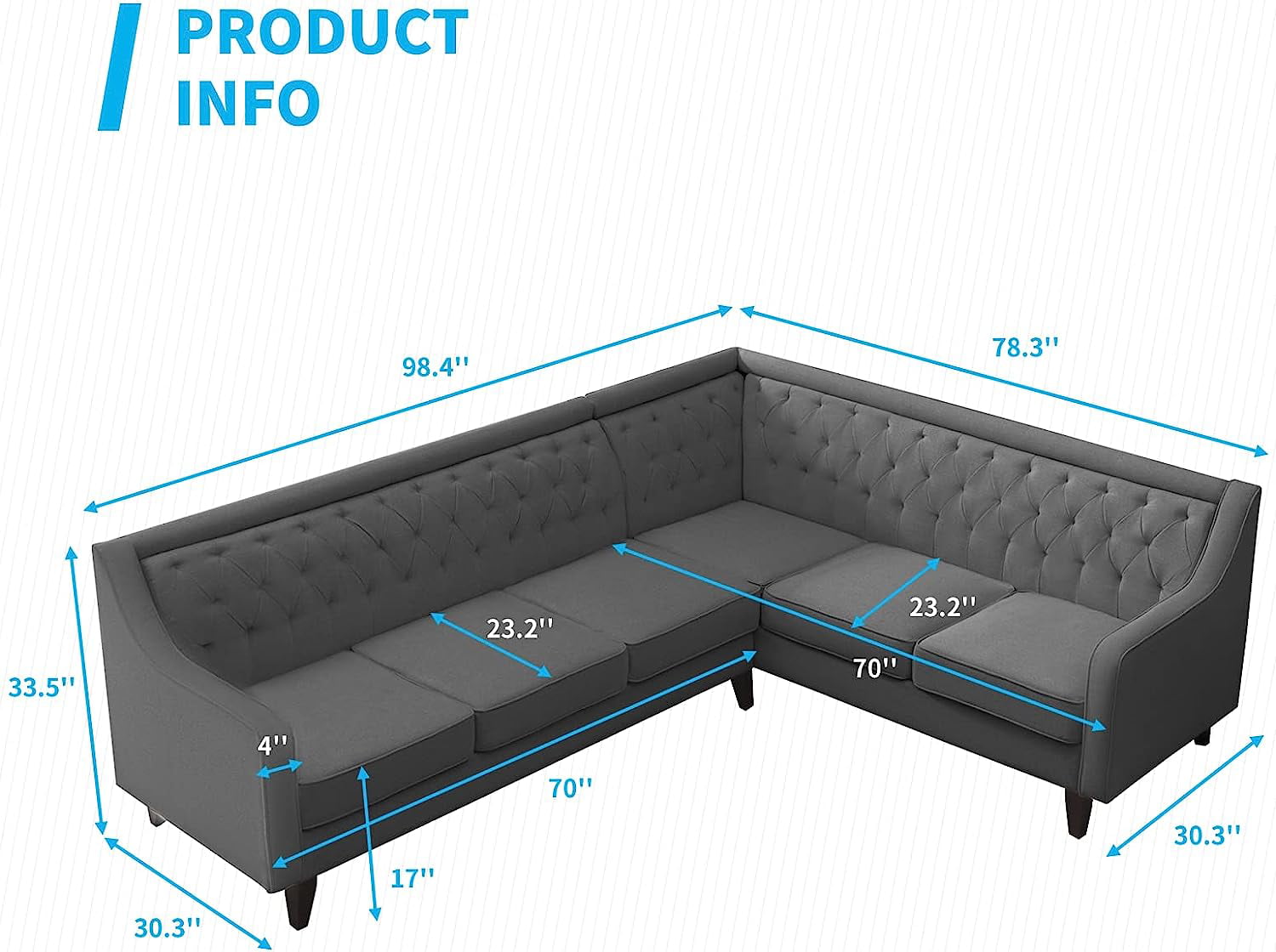 BALUS L Shaped Sofa Couch, Sectional Couches for Living Room, 6-seat Sofa Couch Has Button Tufted Backrest, U Shape Grey Sofa for Living Room/Apartment/Office (Dark Grey)