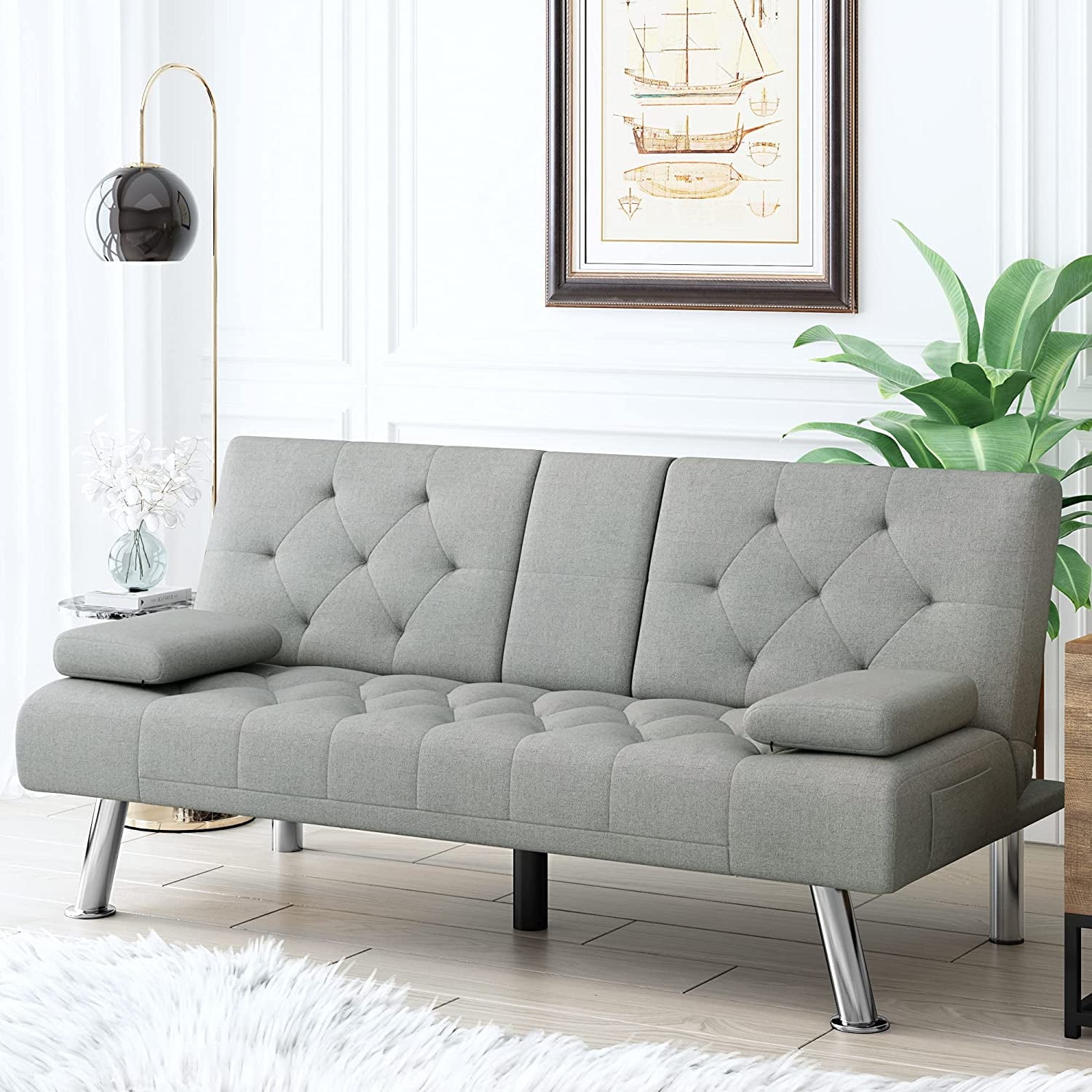 Homfa Convertible Futon Sofa Bed, 66.3'' Upholstered Removable Armrests,Gray Finish