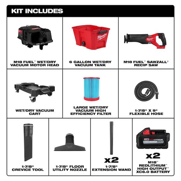 M18 FUEL 6 Gal. Cordless Wet/Dry Shop Vacuum & SAWZALL Reciprocating Saw w/M18 High Output 6.0Ah Batteries (2-Pack)