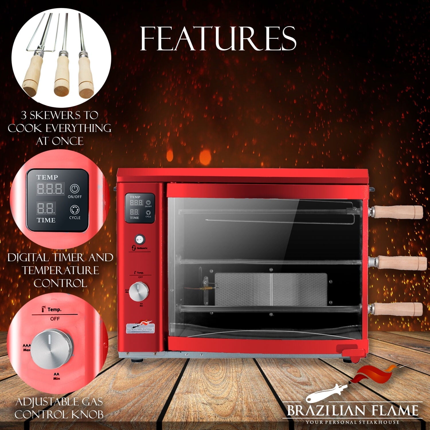 Brazilian Flame Brazilian Gas Rotisserie Grill with 3 Skewers in Red