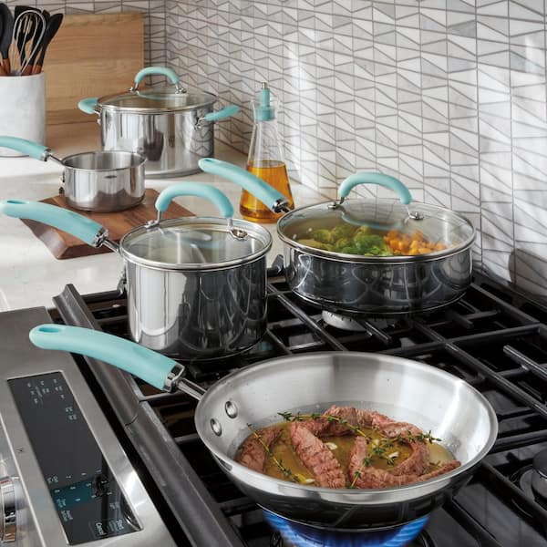Create Delicious 10-Piece Stainless Steel Cookware Set in Stainless Steel with Light Blue Handles
