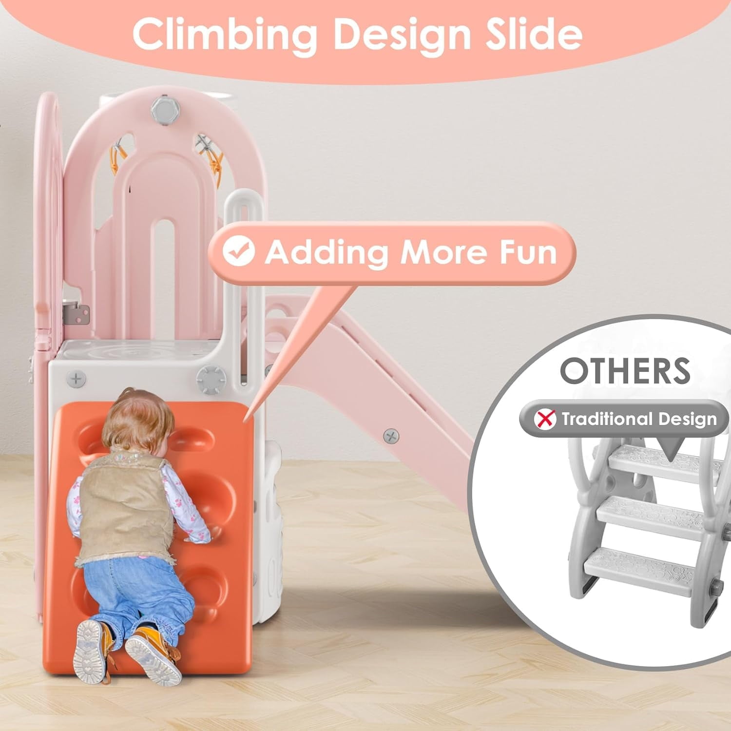 Suteck 5 in 1 Toddler Slide, Swing and Slide for Toddlers Age 1-3 with Basketball Hoop and Basketball, Slide for Kids5 in 1 Toddler Slide, Swing and Slide for Toddlers
