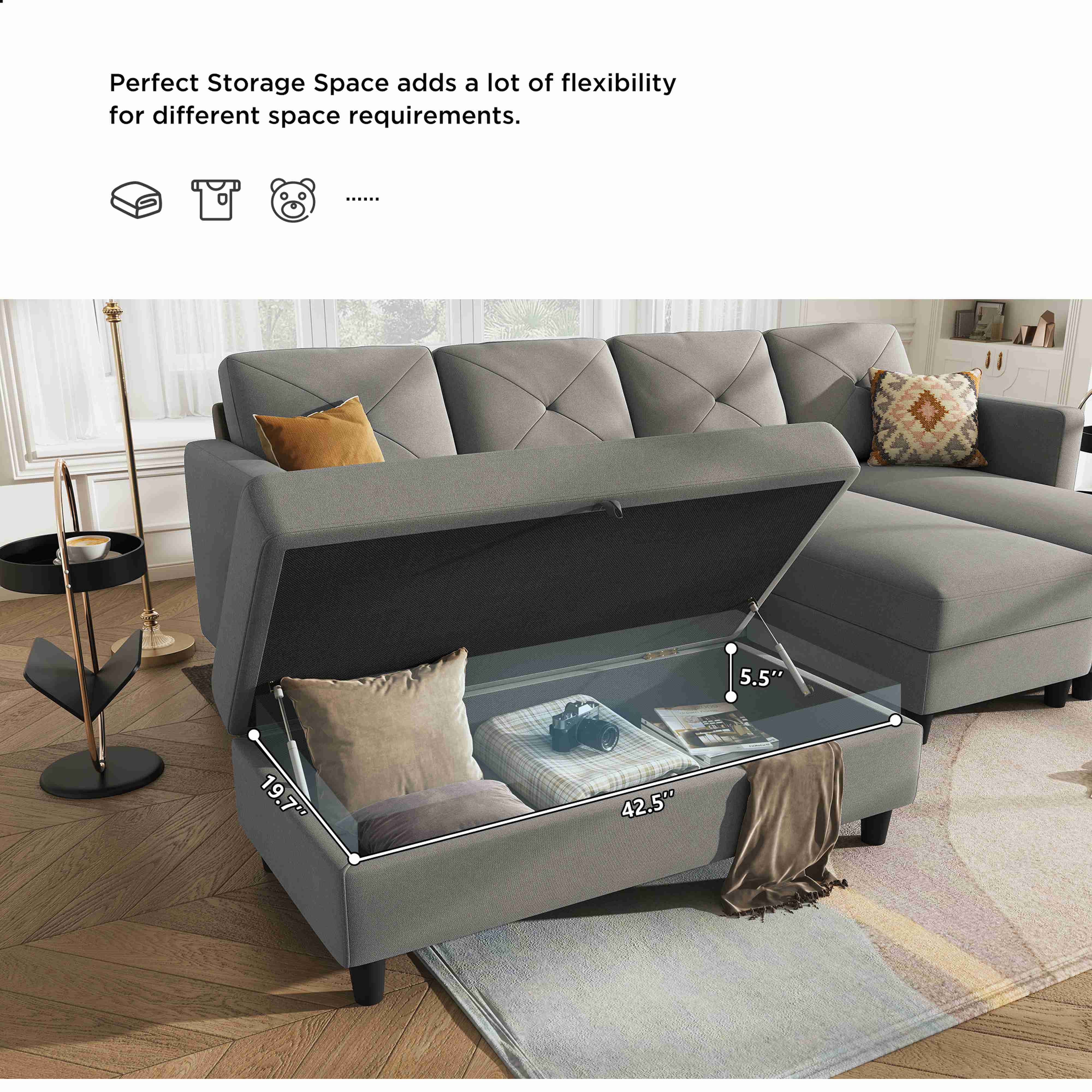 HONBAY Modern Upholstered U-Shape Modular Sleeper Sectional Couch Sets with Ottomans, Light Grey