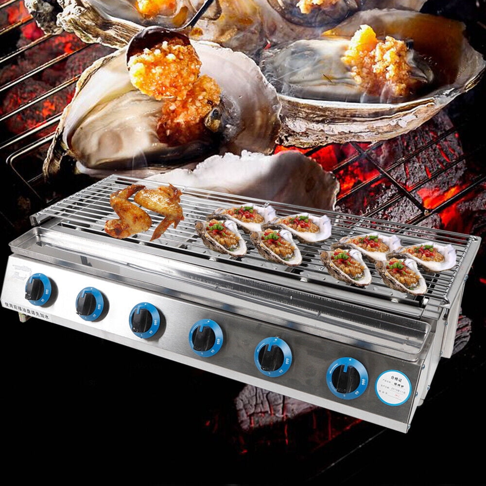 Commercial Gas LPG Grill 2800PA Outdoor BBQ Tabletop Cooker 6-Burner 6 Burners LPG Gas BBQ Grill Stainless Steel Smokeless Grill Glass Shield Outdoor