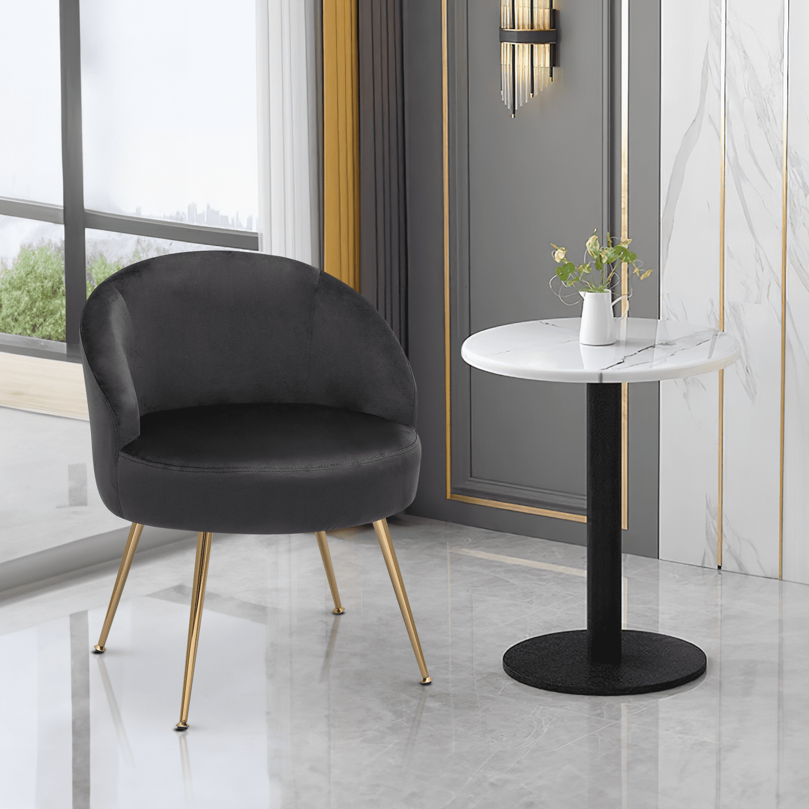 MoNiBloom Velvet Accent Chair, Modern Upholstered Single Sofa Side Chair, Comfy Barrel Club Living Room Armchair with Golden Metal Legs for Bedroom Reading Room Office, Black