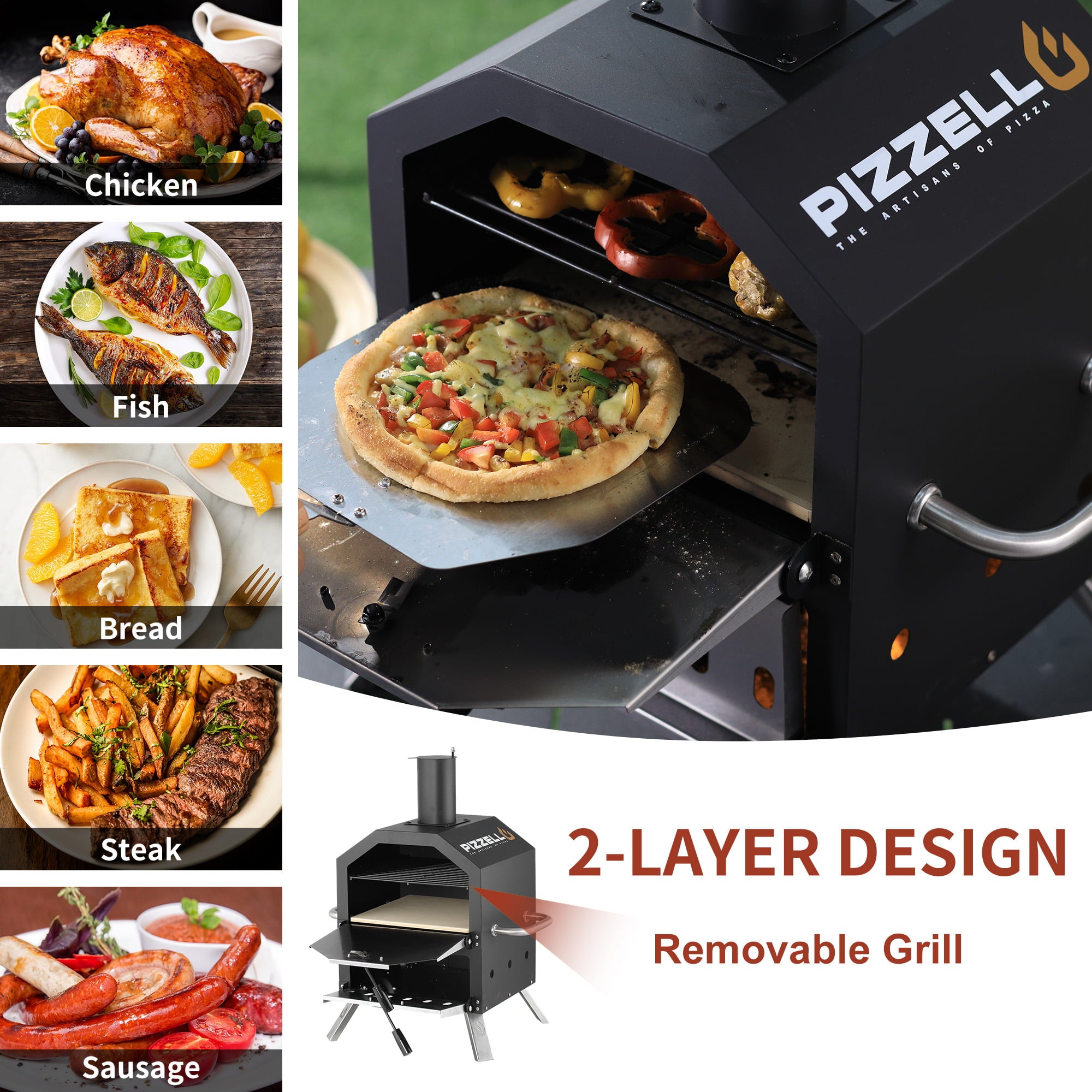 Pizzello Outdoor Pizza Oven Wood Burning for Cooking 2 Pizzas Outside Pizza Maker with Pizza Stone, Pizza Peel, Cover - Black + Silver