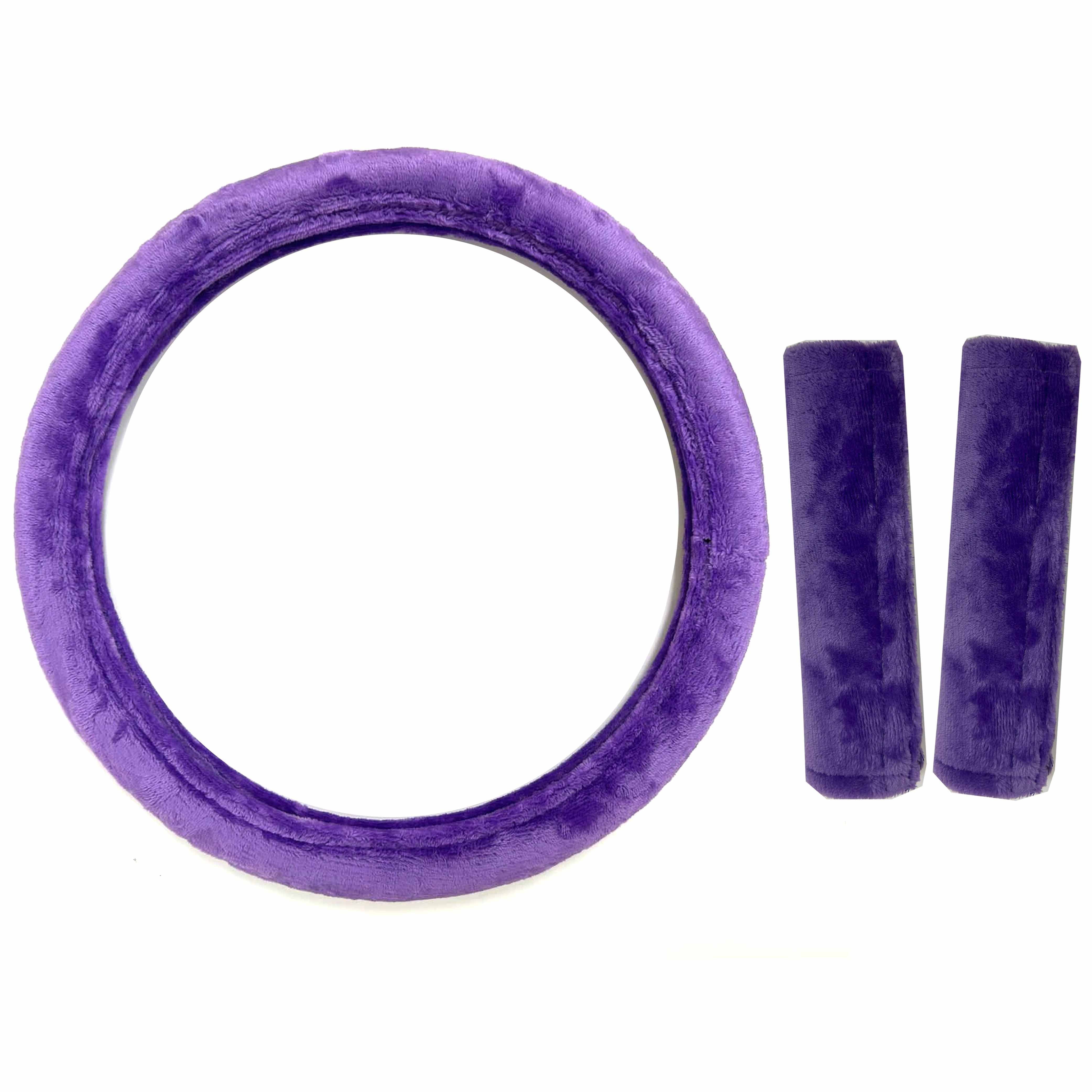 Purple Steering Wheel Cover Seatbelt Cushion Soft Velvet Universal 15 inch Plush