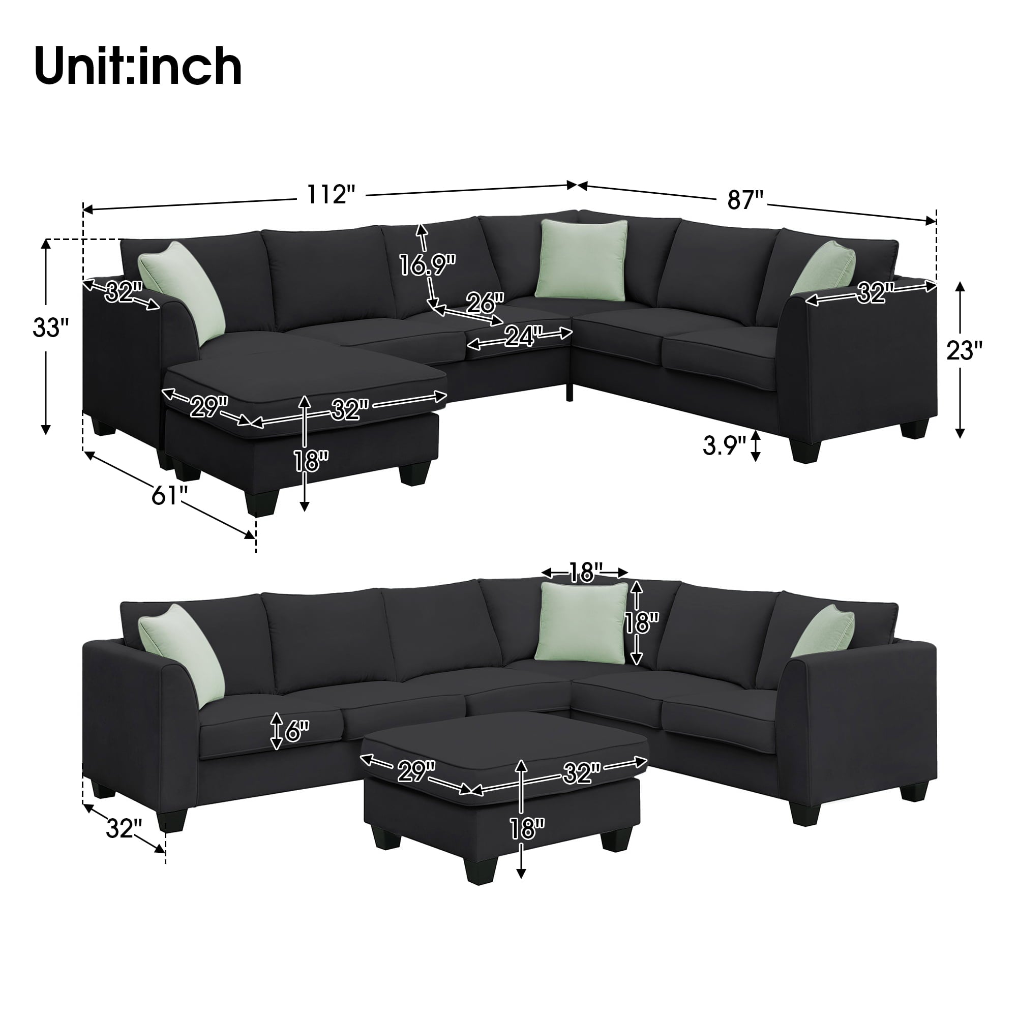 L-Shaped Modular Sectional Couch, KAMIDA 7-Seater Sectional Couch with Ottoman and 3 Pillows, Modern L-Shaped Fabric Upholstered Couch Furniture, Heavy Duty Sectional Couch for Living Room, Black