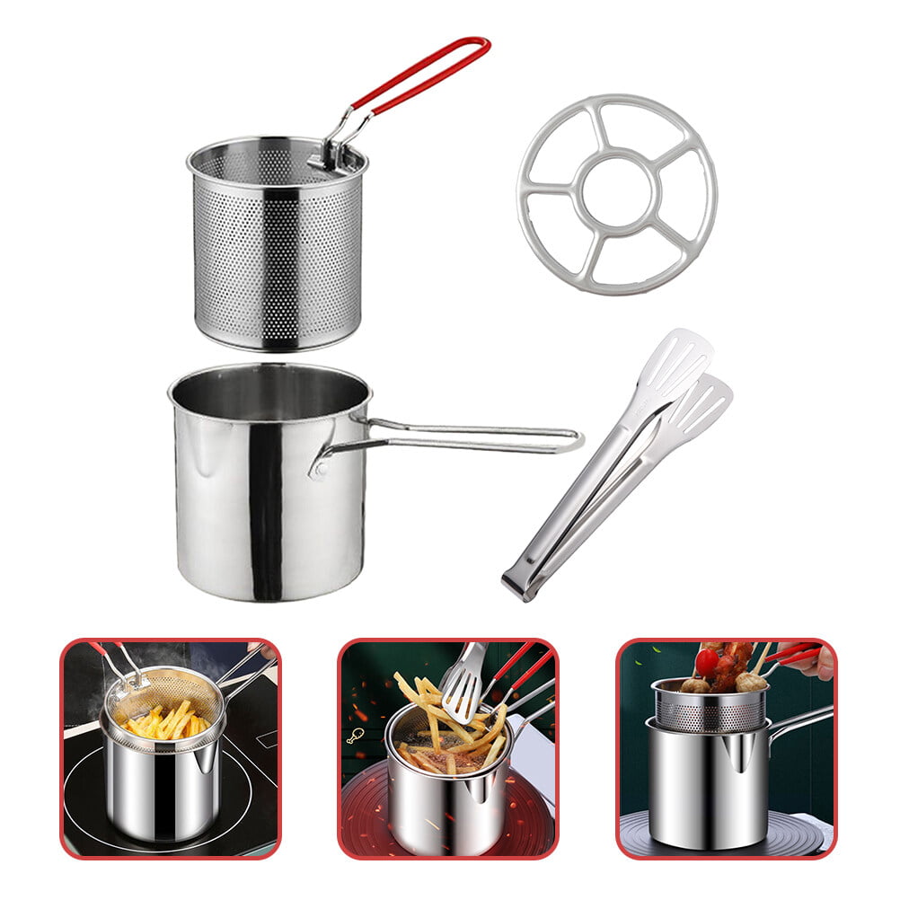 1 Set Food Fryer Stainless Steel Frying Cookware Snack Fry Basket Fryer Pot with Tong Stove Ring
