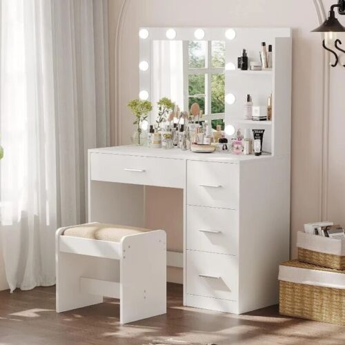 Makeup Vanity Desk with Mirror and 10 LED Lights, 4 Drawers & 4 Necklace Hooks