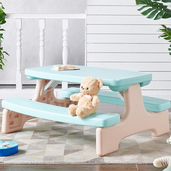 Kids Modern Aqua Blue Rectangular Plastic Picnic Outdoor Bench Table Set